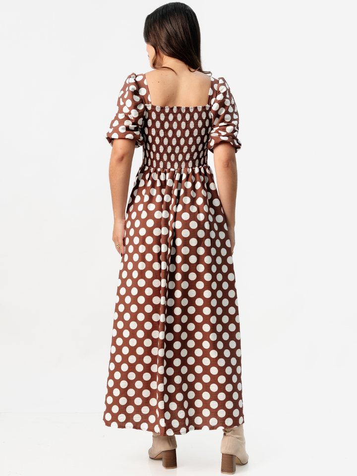 VESTIDO LARGO CON ESCOTE CORAZON FIORELLA CHOCOLATE POLKA DOTS