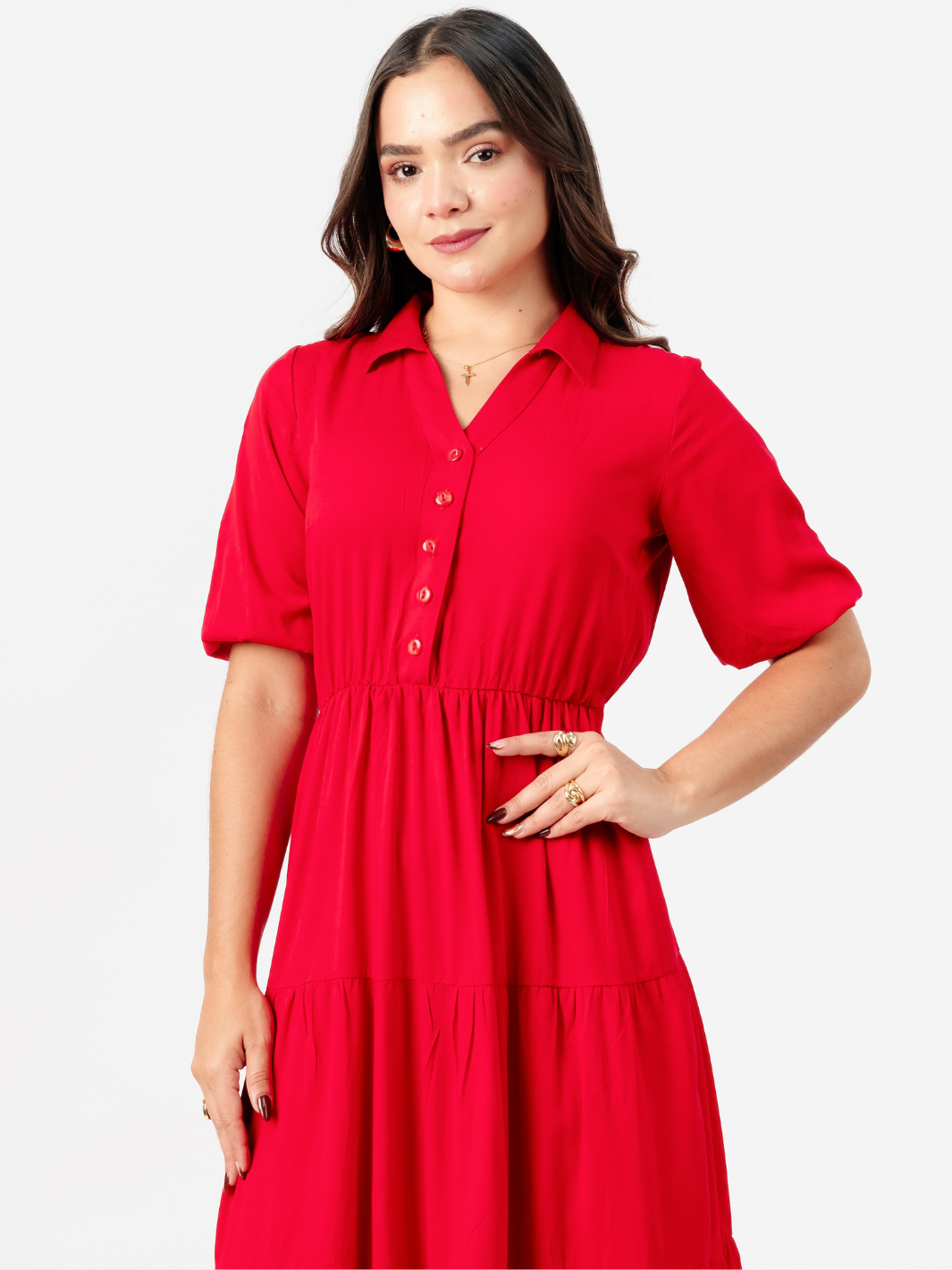 VESTIDO CAMISERO CON FALDA EN TIEMPOS ZAMIRA ROJO