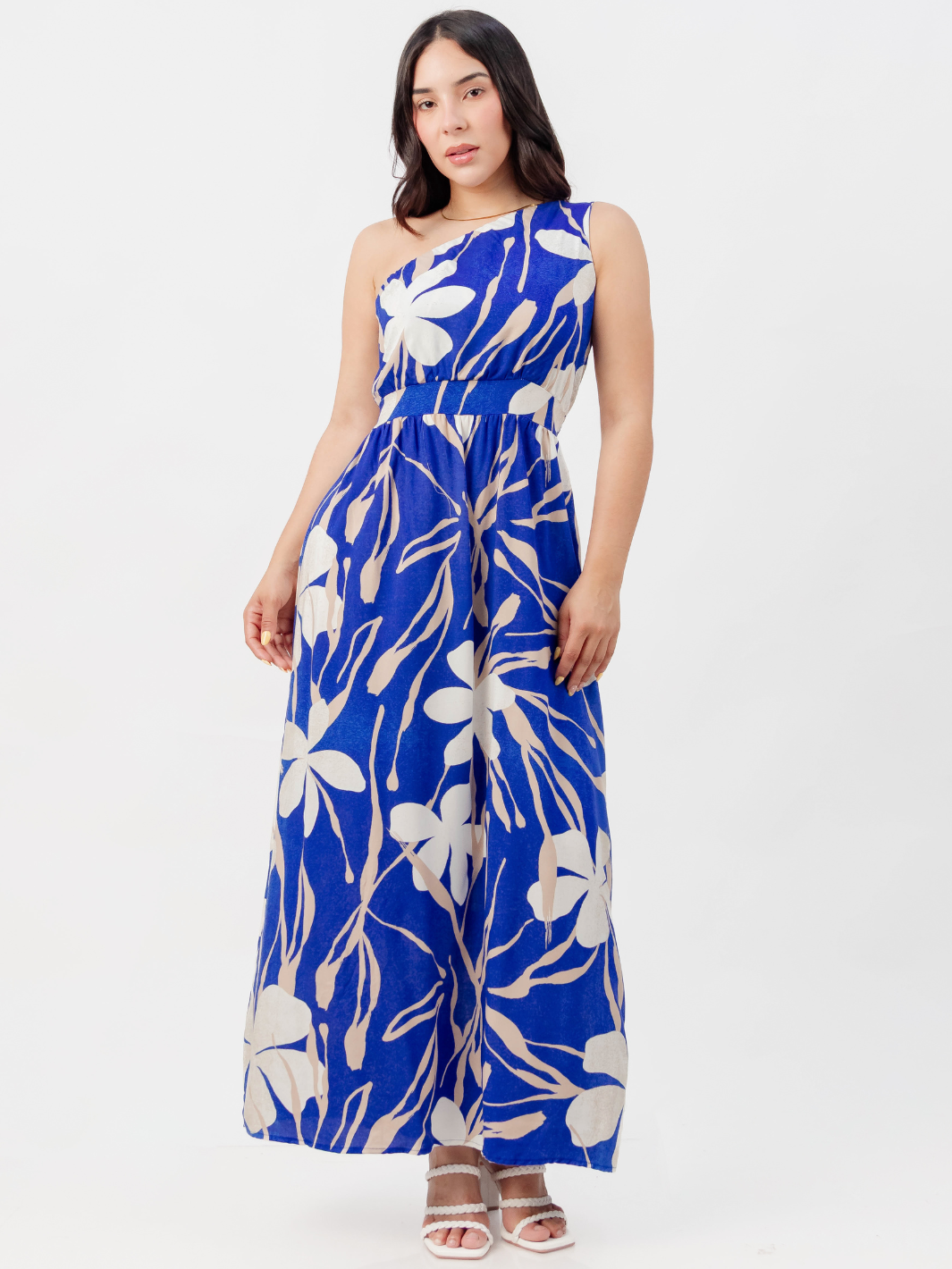 VESTIDO LARGO ASIMETRICO JAZMIN AZUL FLOREADO