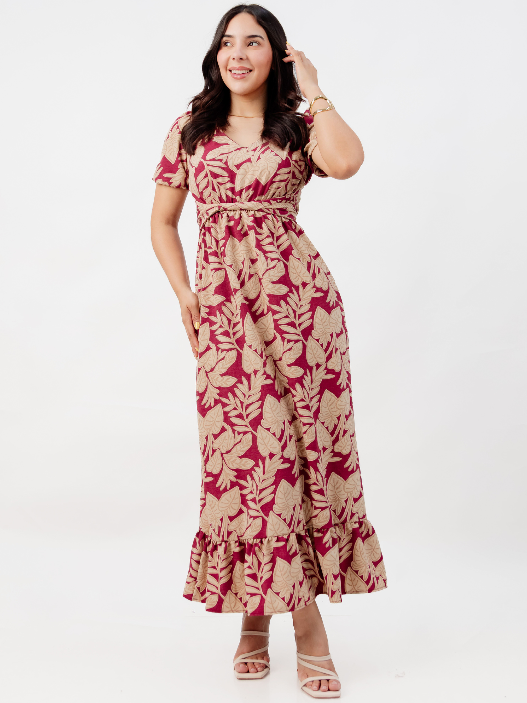 VESTIDO CASUAL LARGO REBECA VINO FLOREADO