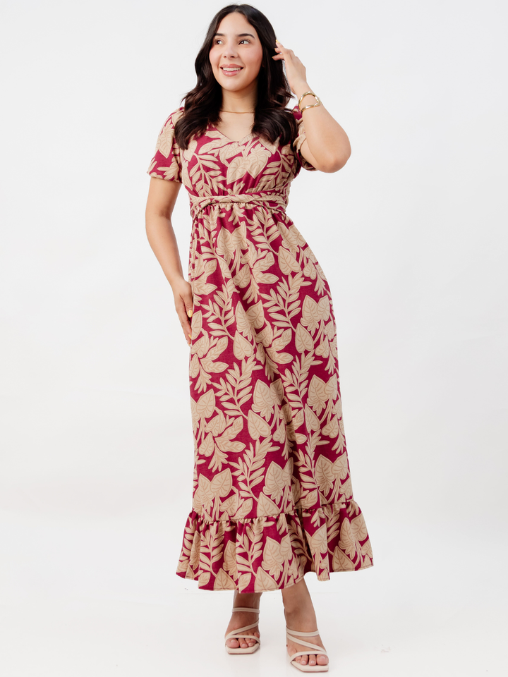 VESTIDO CASUAL LARGO REBECA VINO FLOREADO