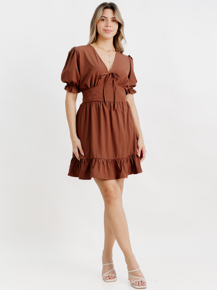 VESTIDO CORTO CON BOBO EN LA FALDA ARIEL MARRON
