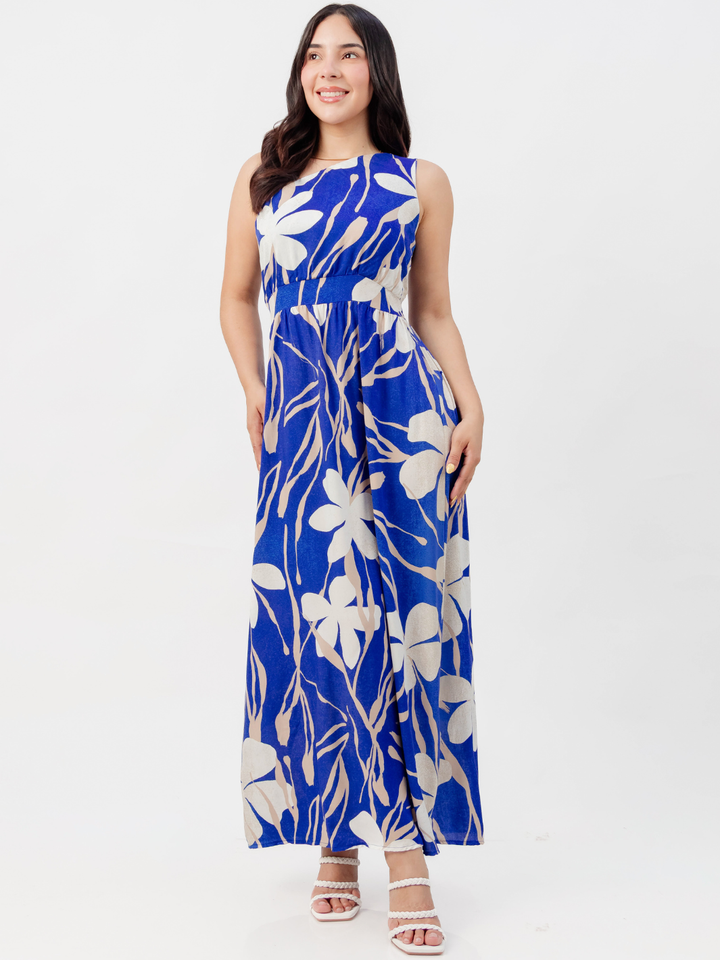 VESTIDO LARGO ASIMETRICO JAZMIN AZUL FLOREADO