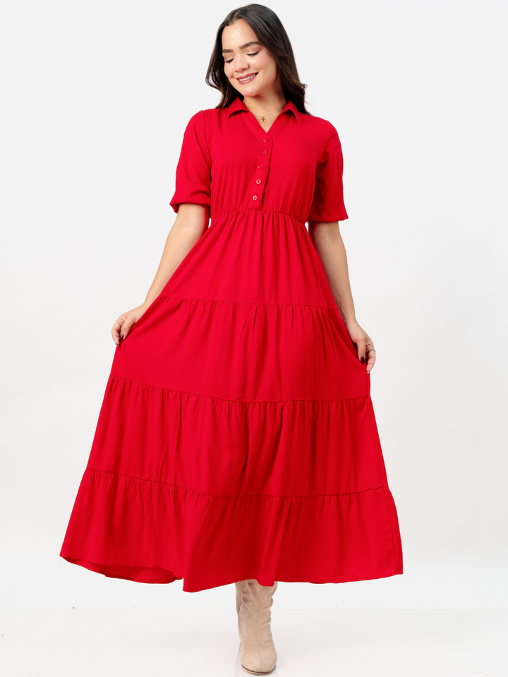VESTIDO CAMISERO CON FALDA EN TIEMPOS ZAMIRA ROJO