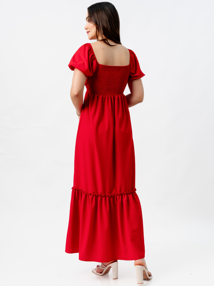 VESTIDO CASUAL LARGO CON BOBO SORAYA ROJO