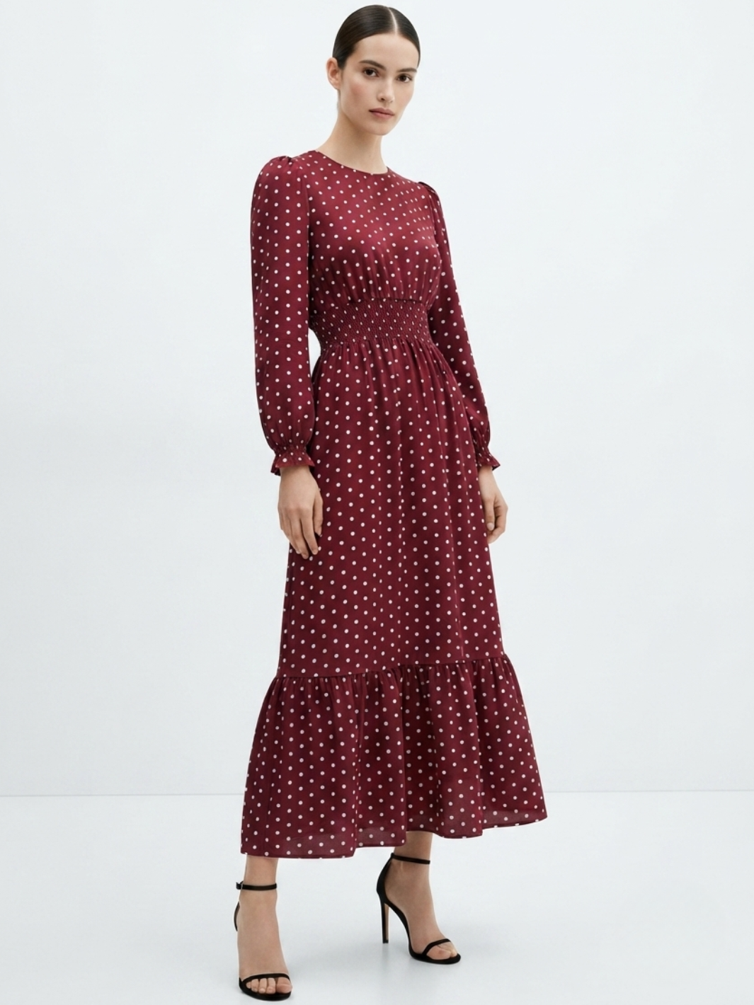 VESTIDO CASUAL MANGA LARGA SUMI VINO POLKA DOTS