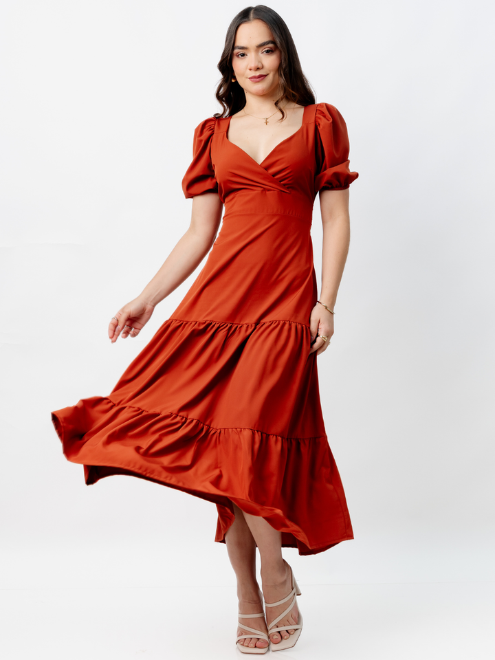 VESTIDO CASUAL LARGO CON LAZO TILZA RUST