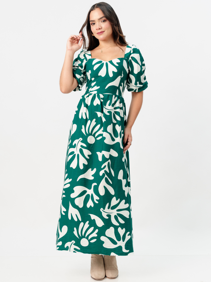 VESTIDO LARGO CON ESCOTE CORAZON FIORELLA VERDE / PERLA