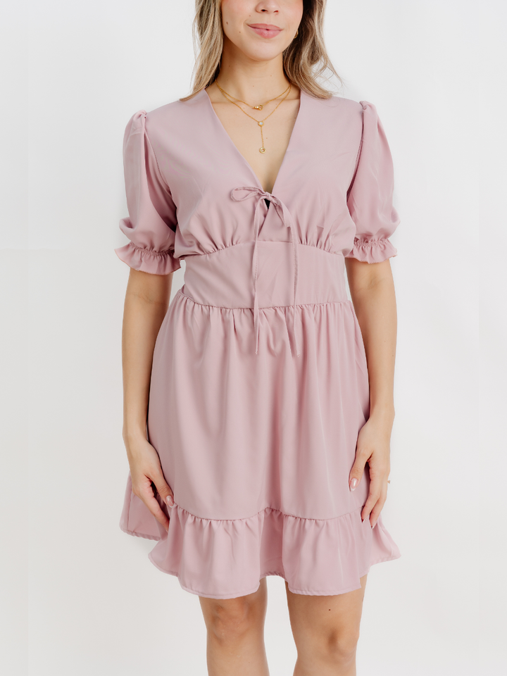 VESTIDO CORTO CON BOBO EN LA FALDA ARIEL PALO ROSA