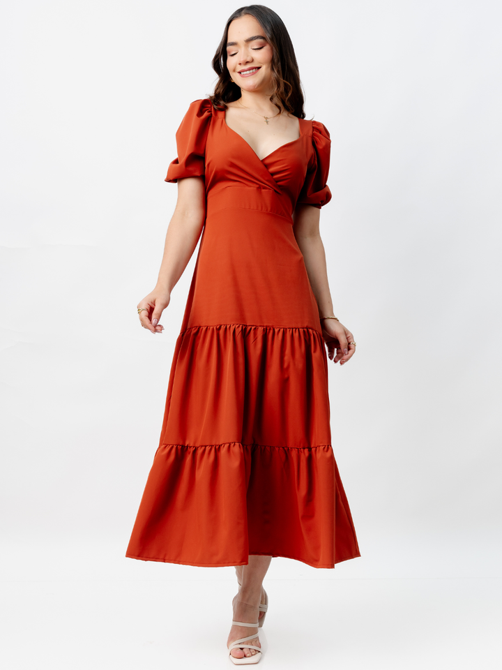 VESTIDO CASUAL LARGO CON LAZO TILZA RUST