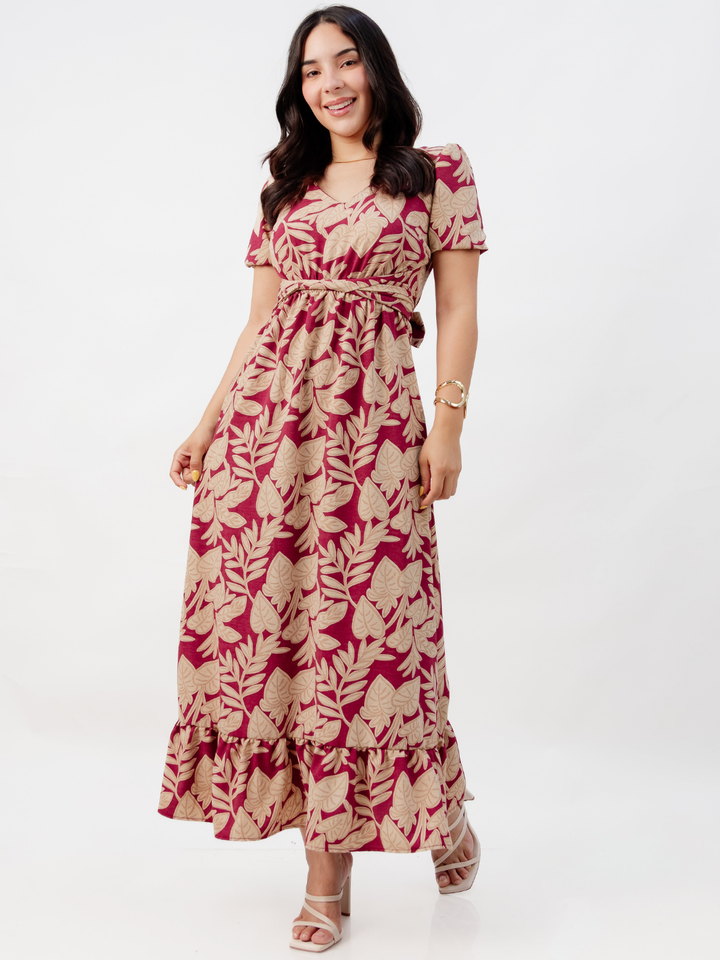 VESTIDO CASUAL LARGO REBECA VINO FLOREADO