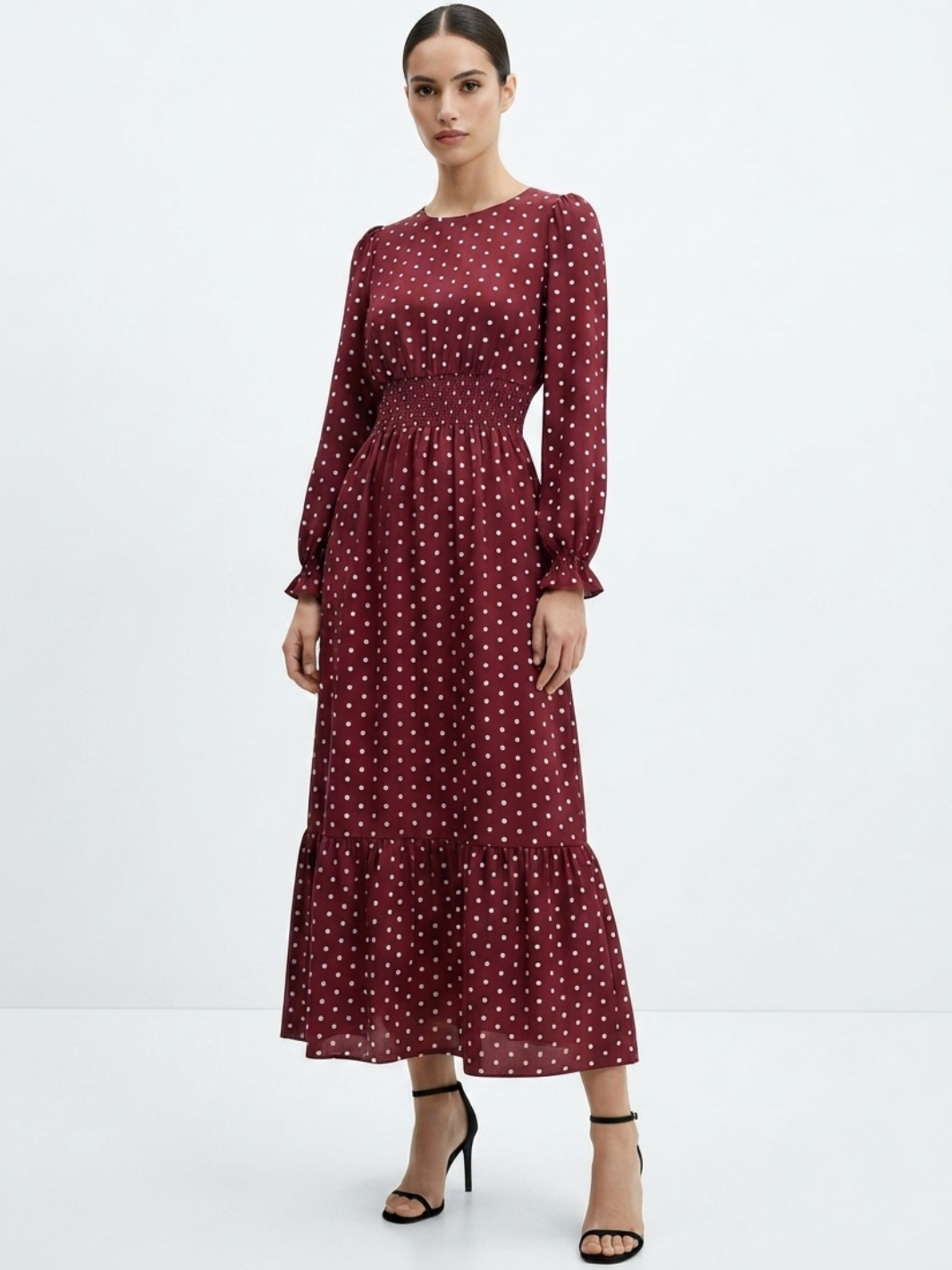 VESTIDO CASUAL MANGA LARGA SUMI VINO POLKA DOTS