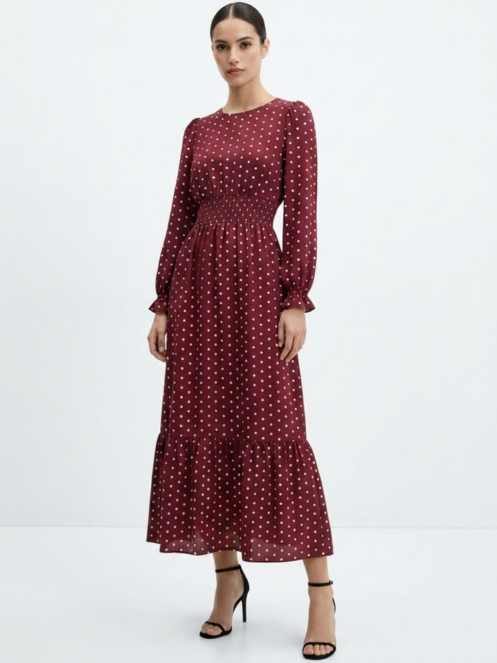 VESTIDO CASUAL MANGA LARGA SUMI VINO POLKA DOTS