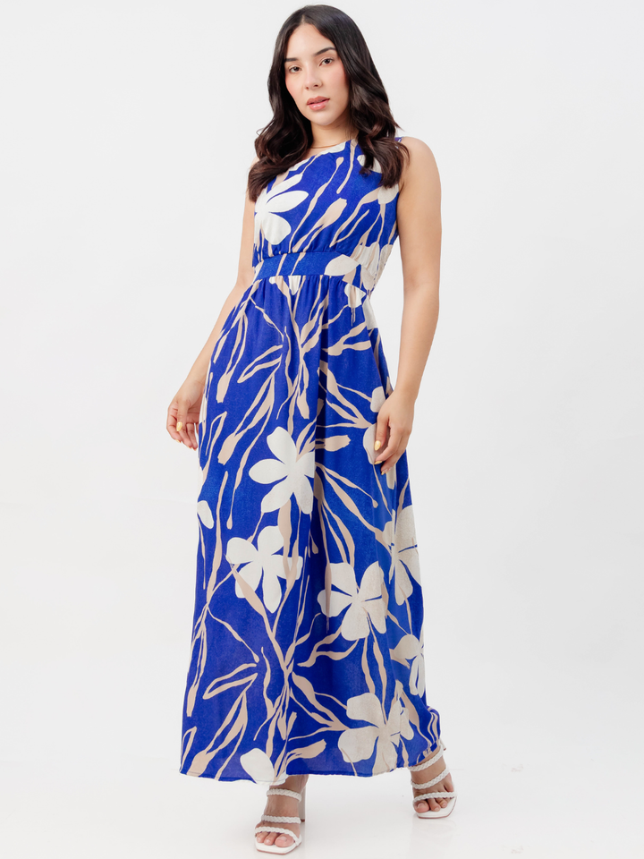 VESTIDO LARGO ASIMETRICO JAZMIN AZUL FLOREADO