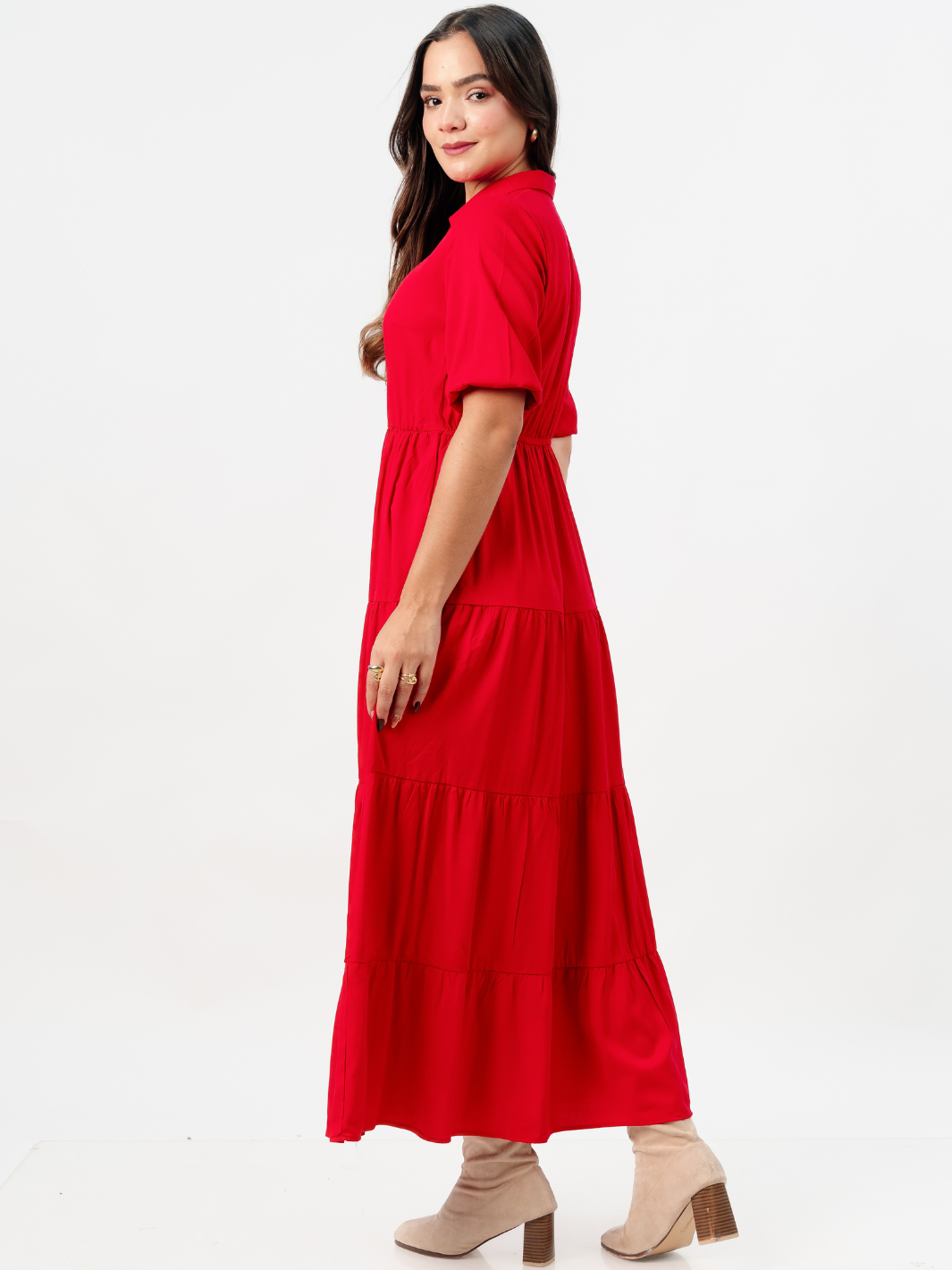VESTIDO CAMISERO CON FALDA EN TIEMPOS ZAMIRA ROJO