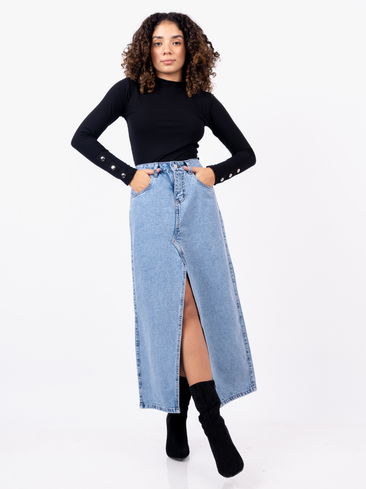 MAXI FALDA DUBLIN - CELESTE CROMADO