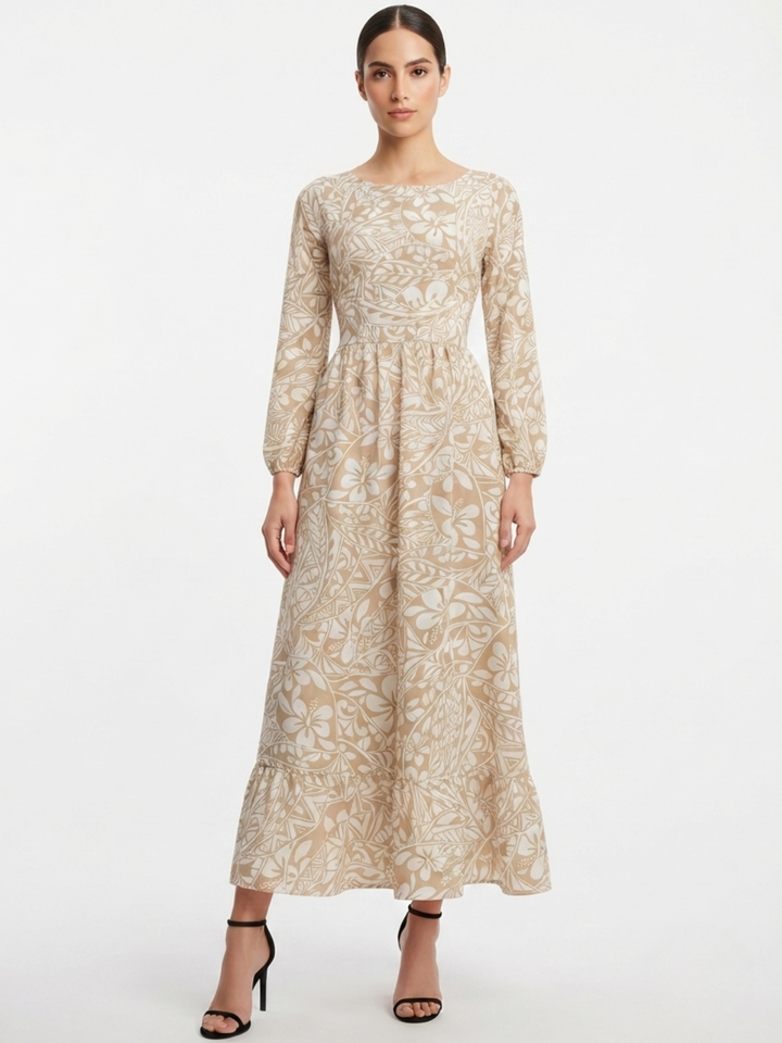 VESTIDO MANGA LARGA CON CUELLO OJAL Y LAZO GIANI BEIGE/PERLA