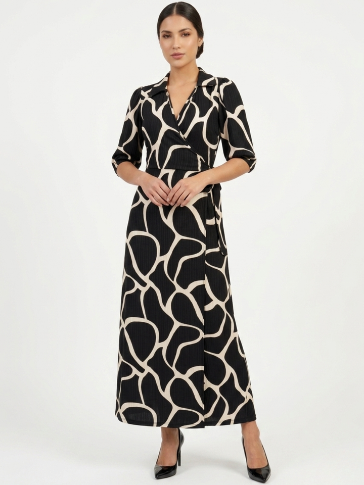 VESTIDO ENVOLVENTE CON CUELLO CAMISERO GRACE NEGRO / PERLA