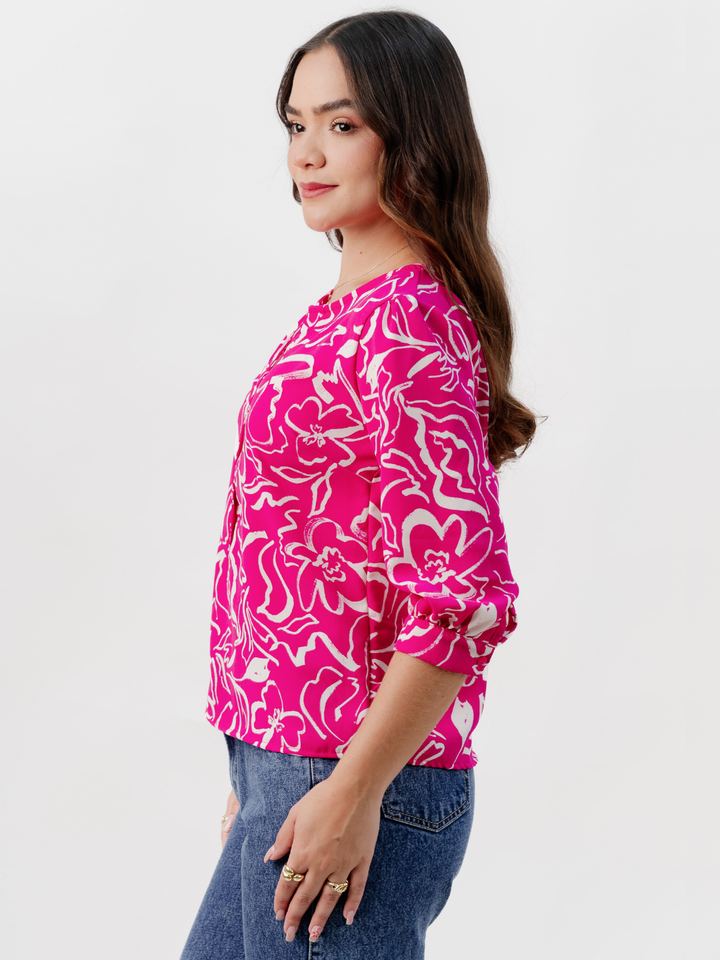 BLUSA MANGA 3/4 CALA FUCSIA FLOREADO