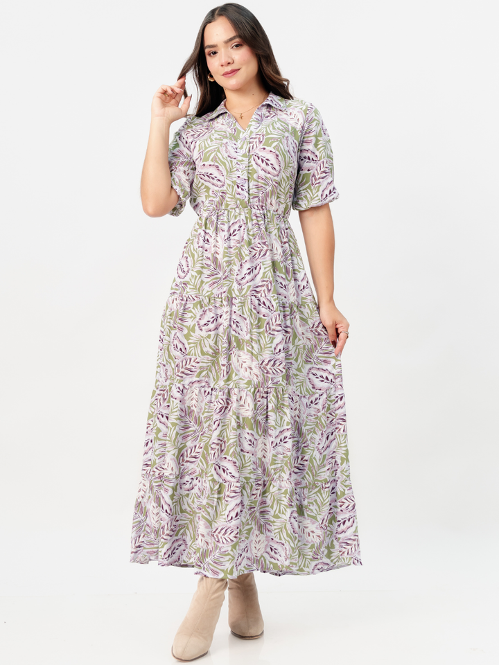 VESTIDO CAMISERO CON FALDA EN TIEMPOS ZAMIRA VERDE / LILA