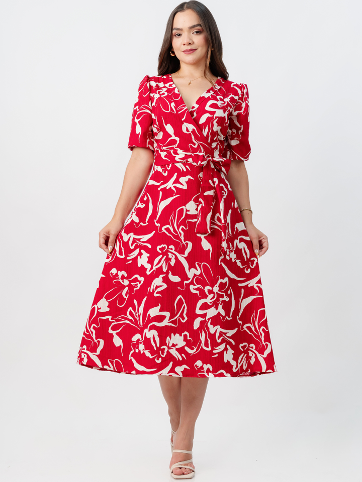 VESTIDO MIDI EN CORTE A CON LAZO SOLEDAD ROJO FLOREADO
