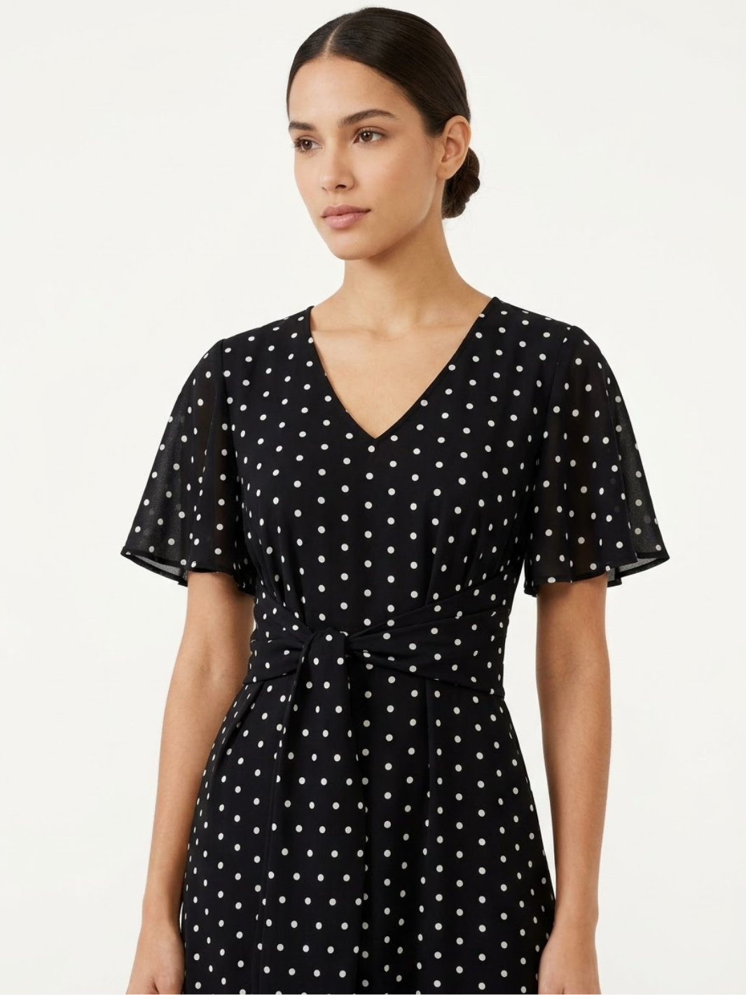 VESTIDO CASUAL CON FALDA EN CORTE A Y LAZO DAFNE NEGRO POLKA DOTS