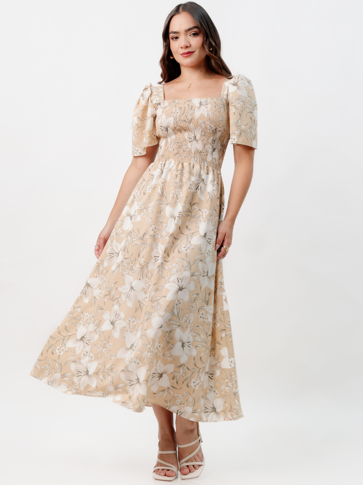 VESTIDO CASUAL LARGO LUCRECIA NUDE FLOREADO