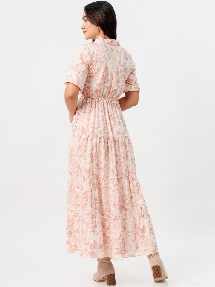 VESTIDO CAMISERO CON FALDA EN TIEMPOS ZAMIRA CORAL FLOREADO