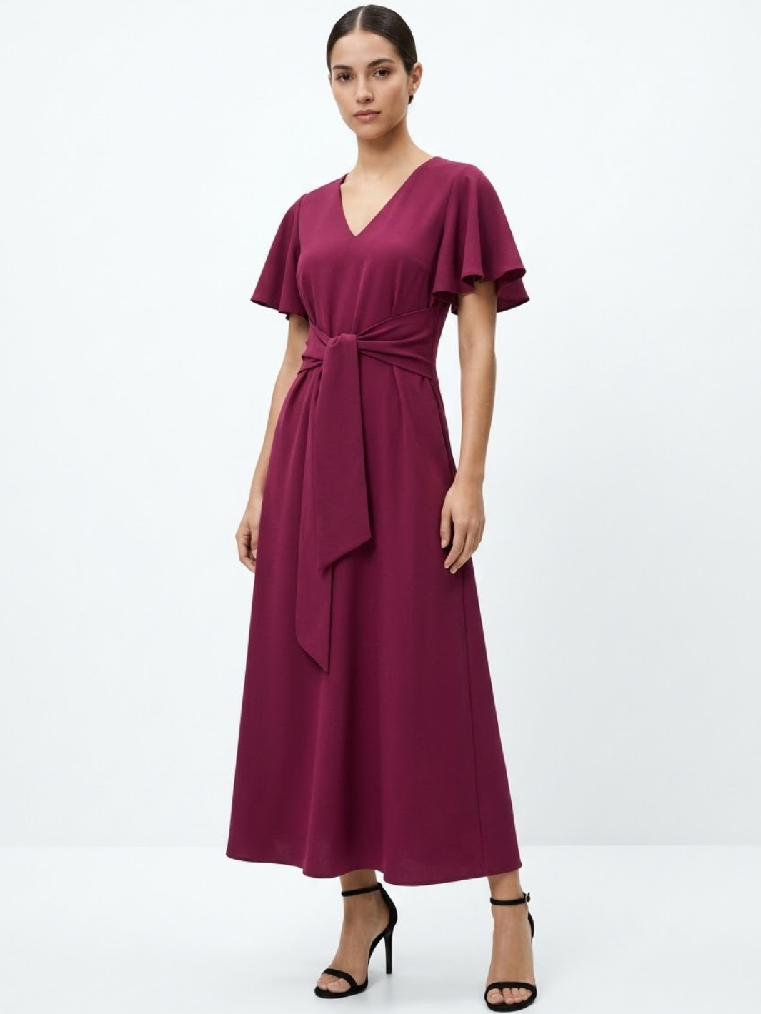 VESTIDO CASUAL CON FALDA EN CORTE A Y LAZO DAFNE VINO