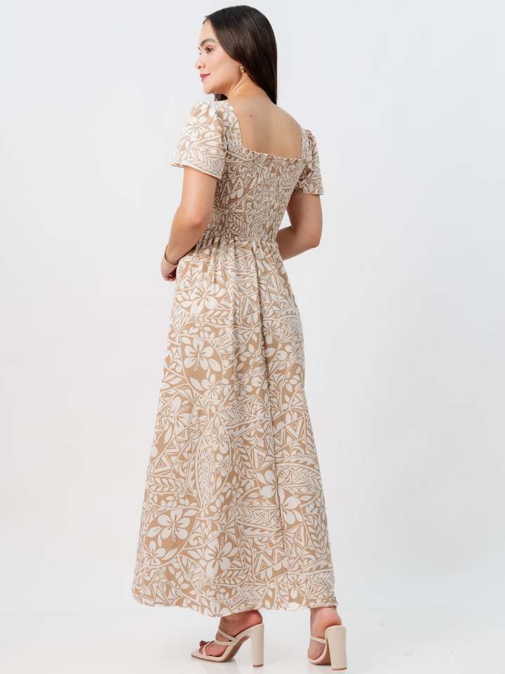 VESTIDO CASUAL LARGO AMELIA NUDE FLOREADO