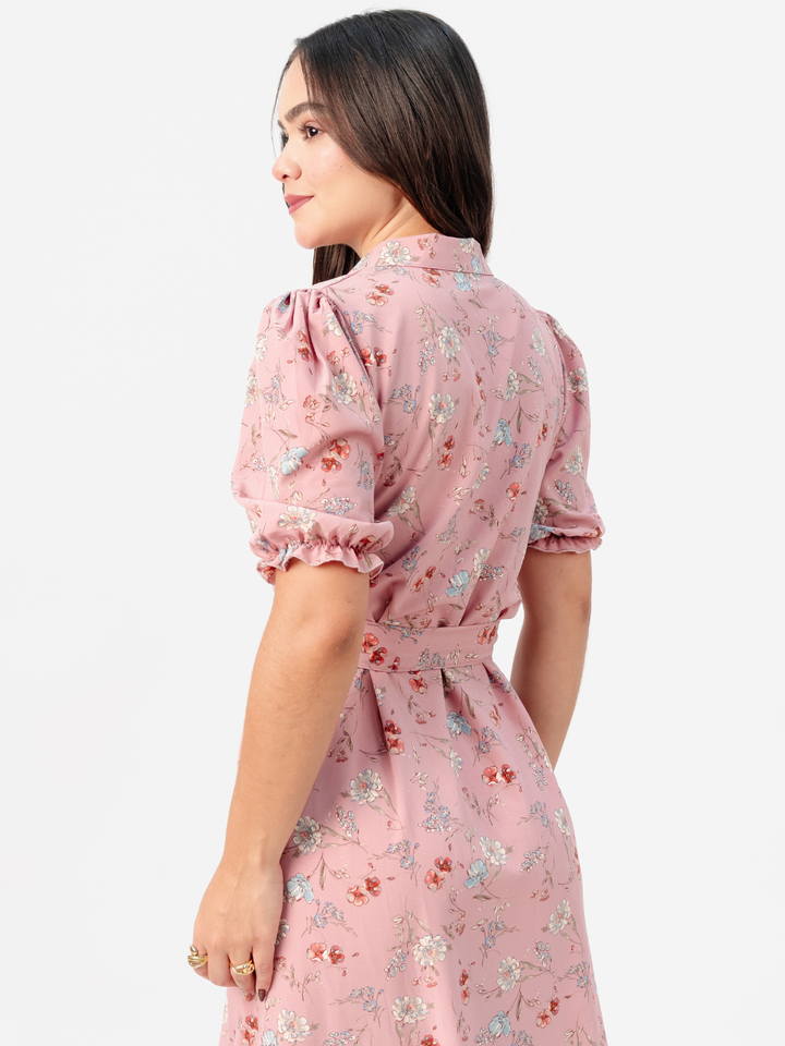 VESTIDO CAMISERO CON CINTURON ASIA ROSA FLOREADO