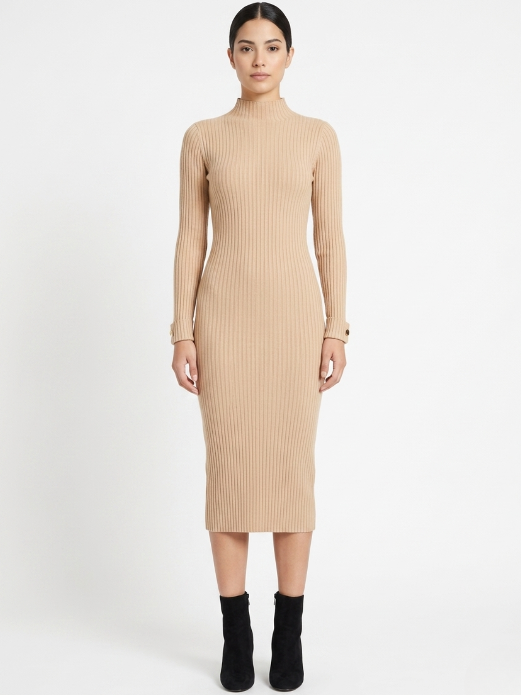 VESTIDO TEJIDO CON CUELLO ALTO MADDI BEIGE