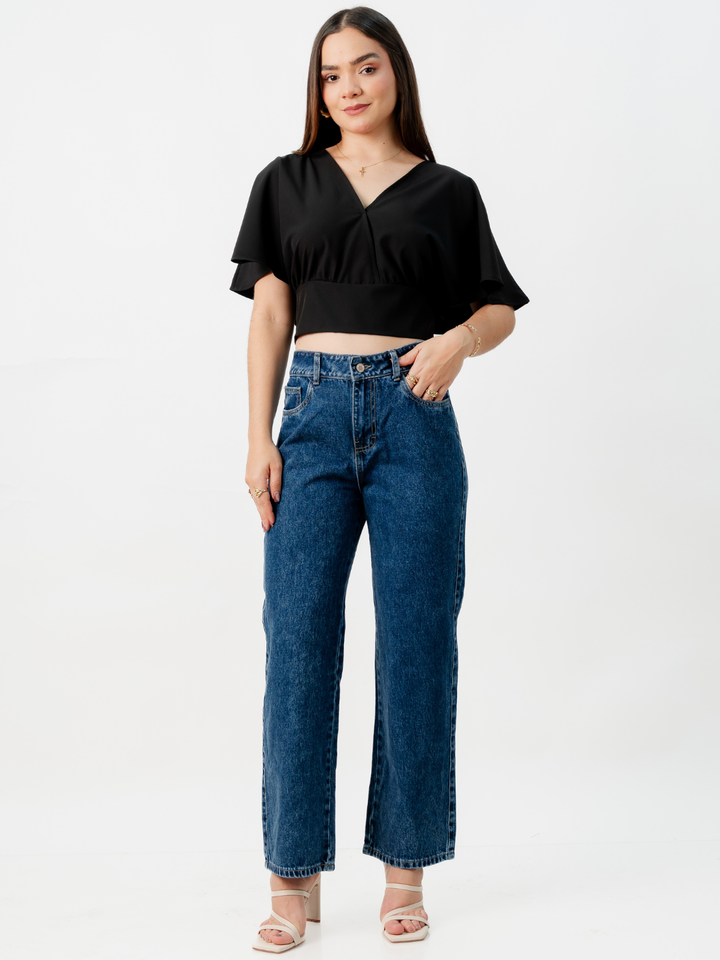 BLUSA CORTA CON MANGAS CON VUELO ROSIE NEGRO