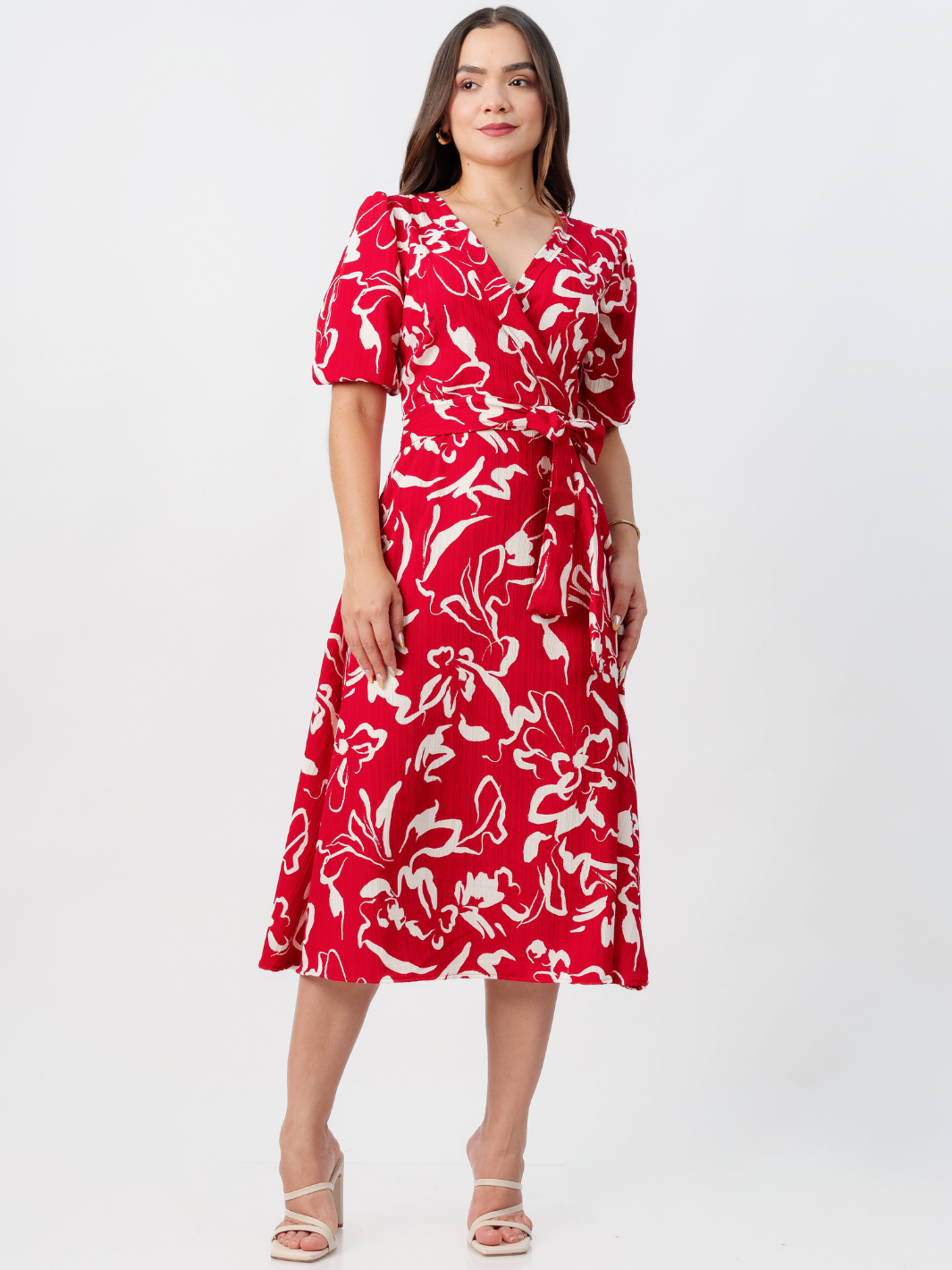 VESTIDO MIDI EN CORTE A CON LAZO SOLEDAD ROJO FLOREADO