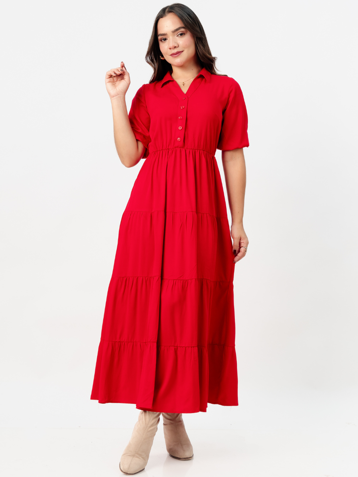 VESTIDO CAMISERO CON FALDA EN TIEMPOS ZAMIRA ROJO