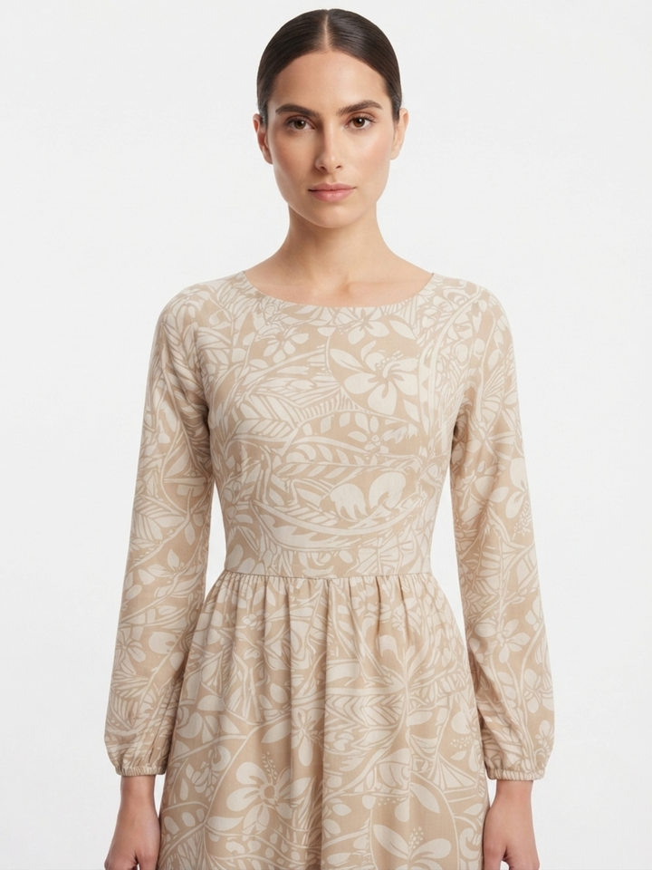 VESTIDO MANGA LARGA CON CUELLO OJAL Y LAZO GIANI BEIGE/PERLA