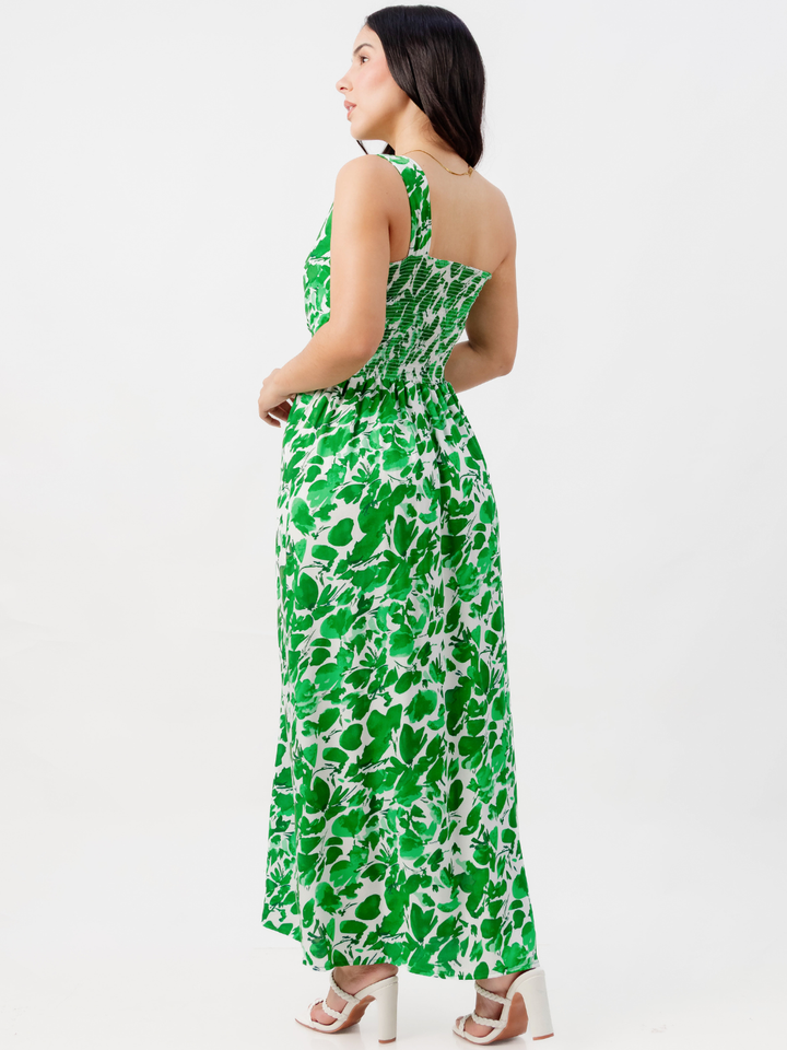 VESTIDO LARGO ASIMETRICO JAZMIN VERDE / PERLA