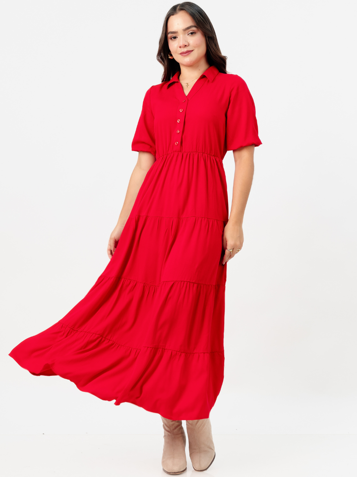 VESTIDO CAMISERO CON FALDA EN TIEMPOS ZAMIRA ROJO