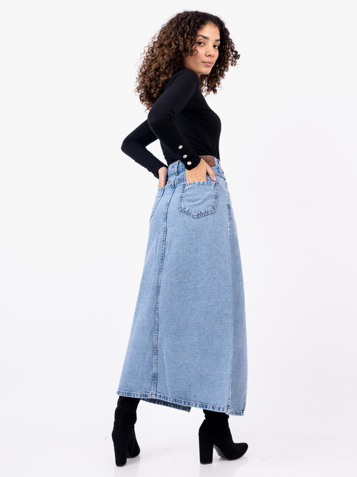 MAXI FALDA DUBLIN - CELESTE CROMADO