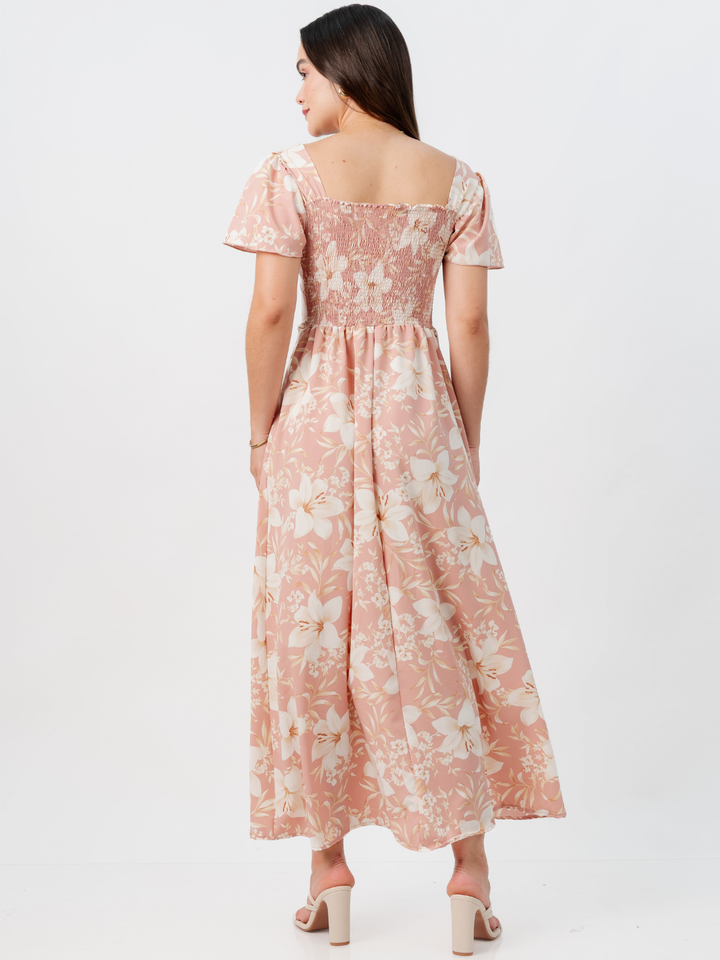 VESTIDO CASUAL LARGO AMELIA CORAL FLOREADO