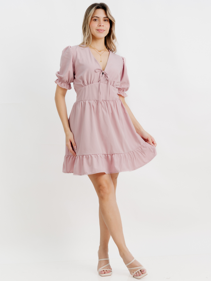 VESTIDO CORTO CON BOBO EN LA FALDA ARIEL PALO ROSA