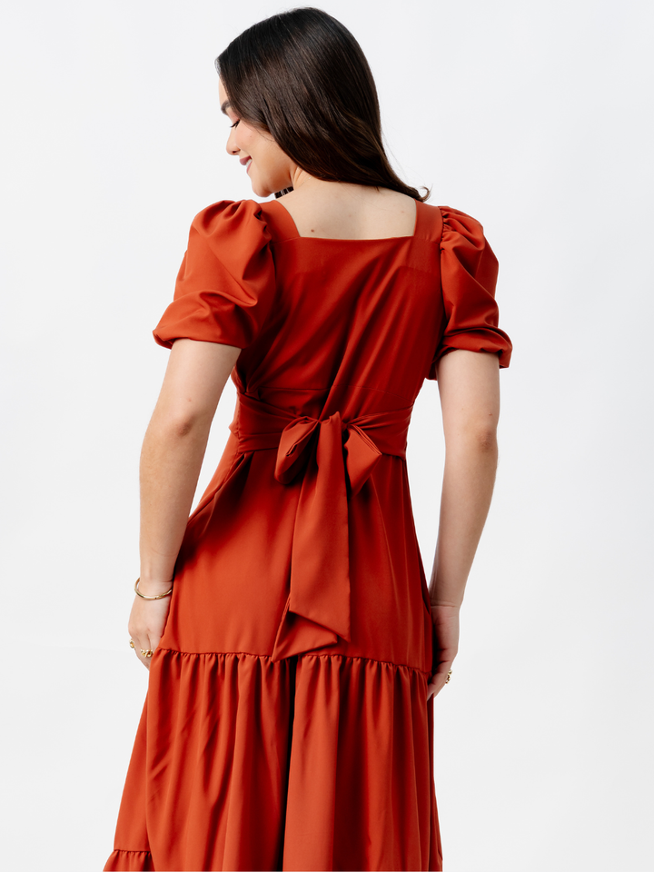 VESTIDO CASUAL LARGO CON LAZO TILZA RUST