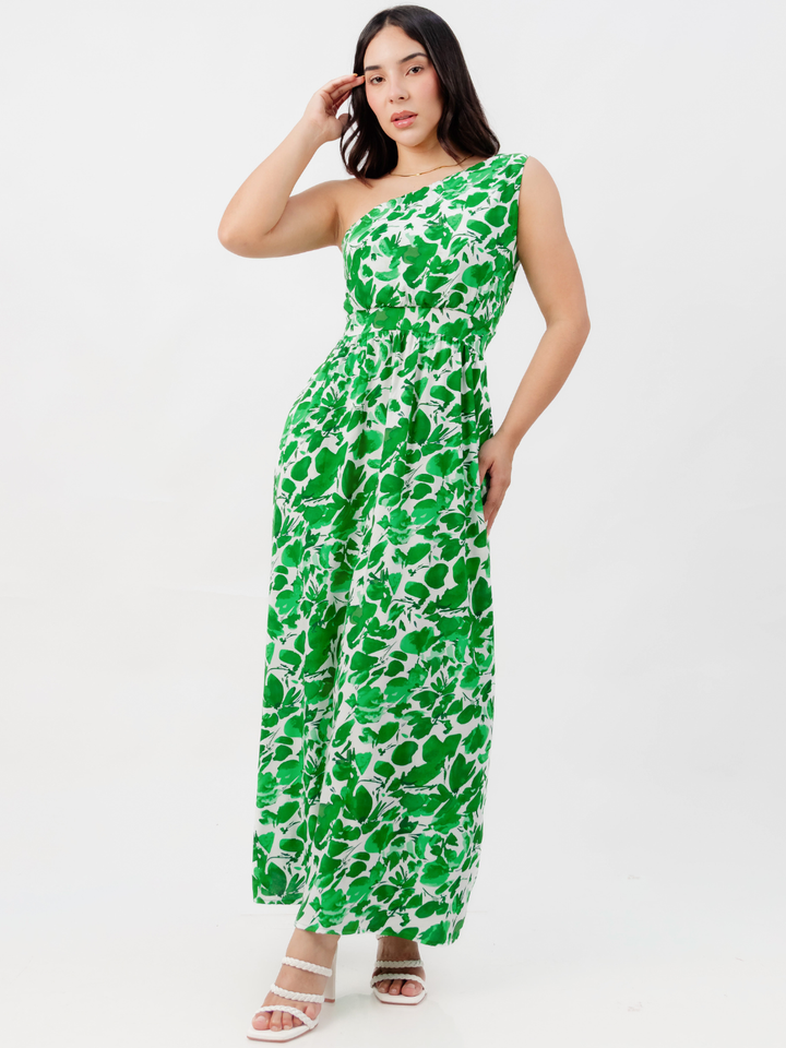 VESTIDO LARGO ASIMETRICO JAZMIN VERDE / PERLA