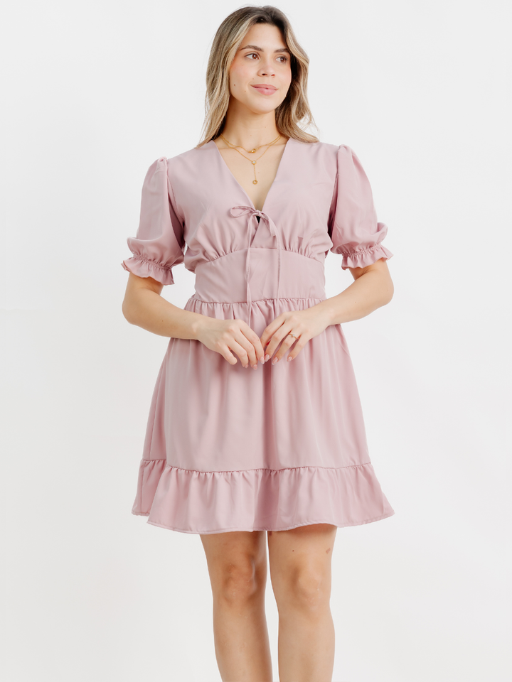 VESTIDO CORTO CON BOBO EN LA FALDA ARIEL PALO ROSA