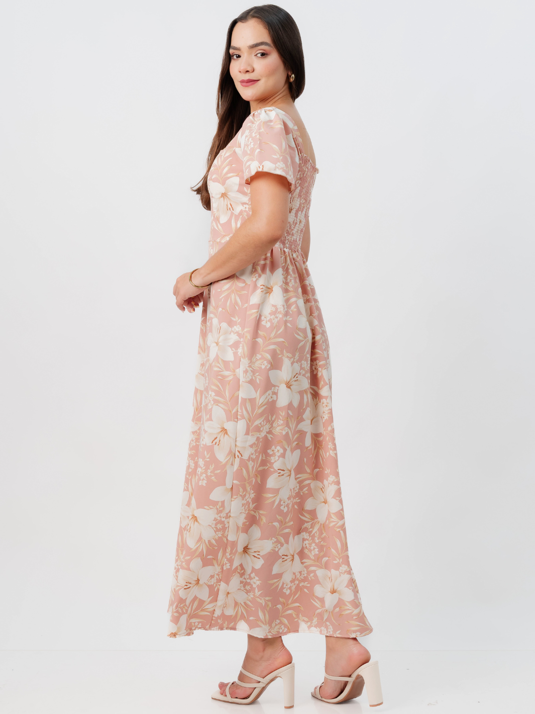 VESTIDO CASUAL LARGO AMELIA CORAL FLOREADO