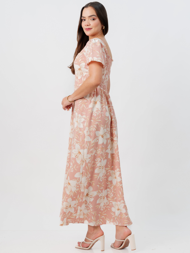 VESTIDO CASUAL LARGO AMELIA CORAL FLOREADO