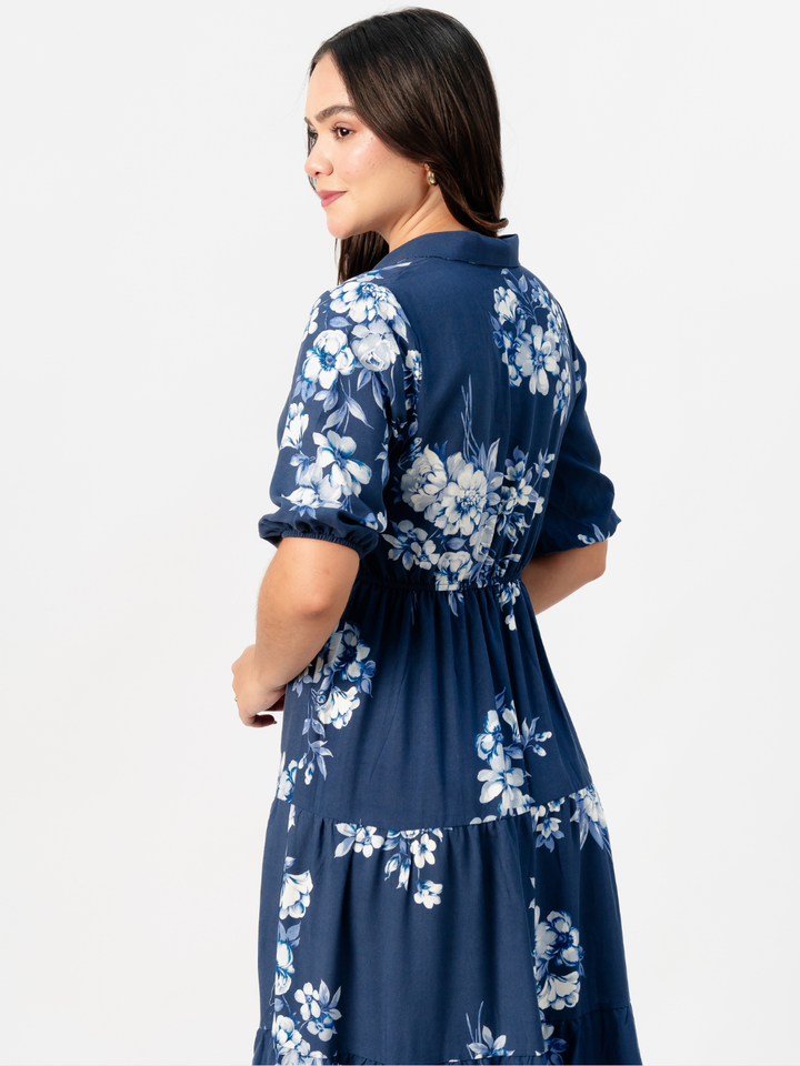 VESTIDO CAMISERO CON FALDA EN TIEMPOS ZAMIRA ACERO FLOREADO