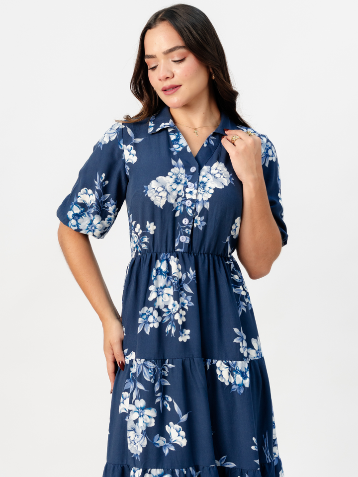 VESTIDO CAMISERO CON FALDA EN TIEMPOS ZAMIRA ACERO FLOREADO