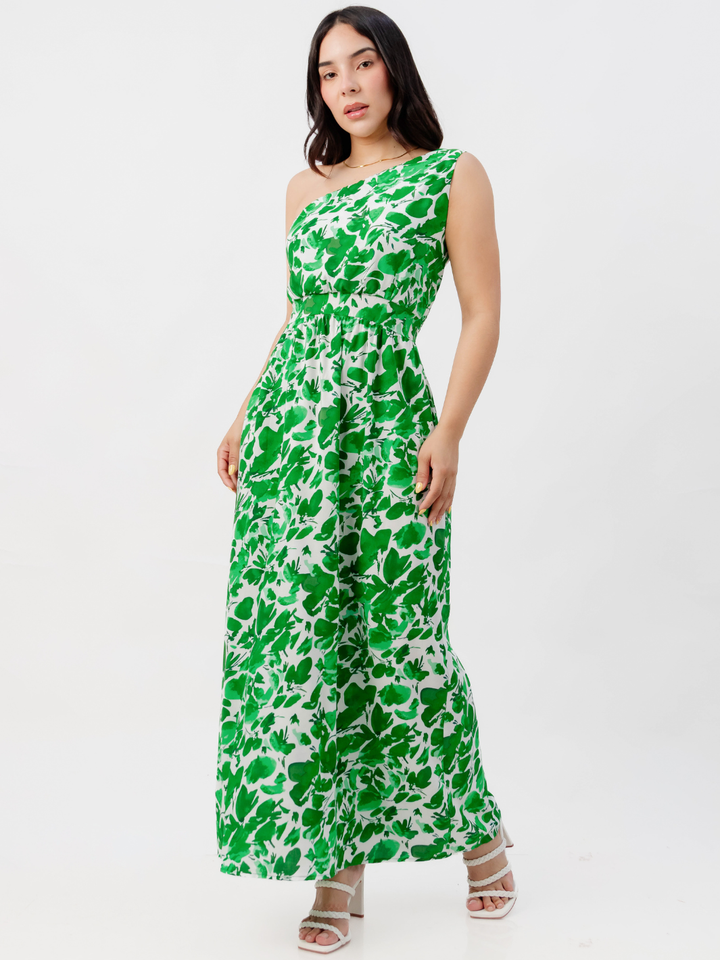 VESTIDO LARGO ASIMETRICO JAZMIN VERDE / PERLA