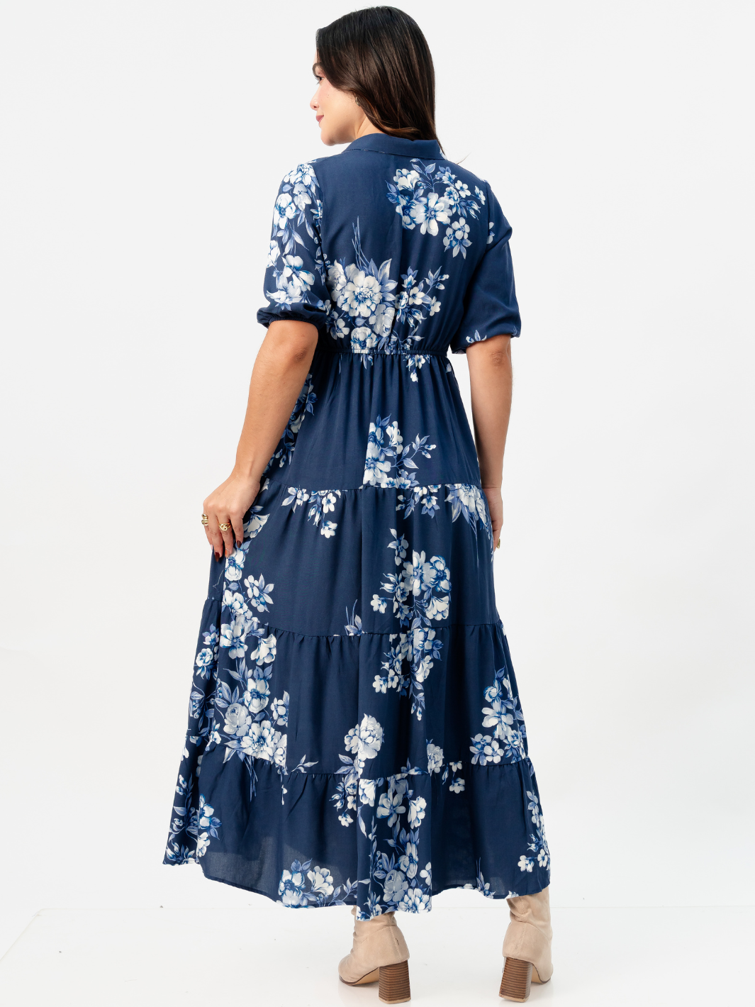 VESTIDO CAMISERO CON FALDA EN TIEMPOS ZAMIRA ACERO FLOREADO